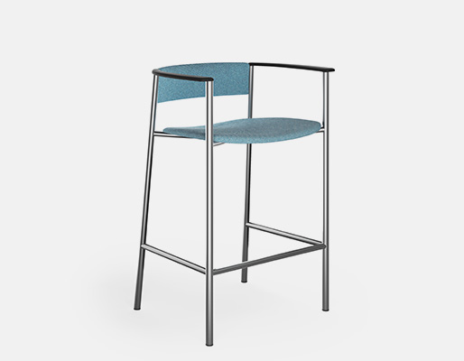 Perxa Counter Stool upholstered in blue fabric, with chrome frame and dark wood armrests