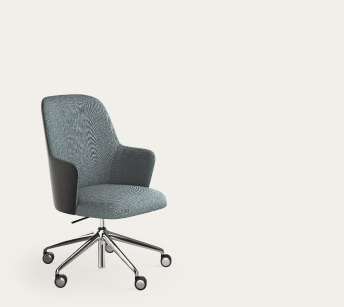 Aleta Executive Low chair by Jaime Hayon for Viccarbe, upholstered in blue-grey fabric with a dark outer shell, low backrest and a polished five-star swivel base on castors.