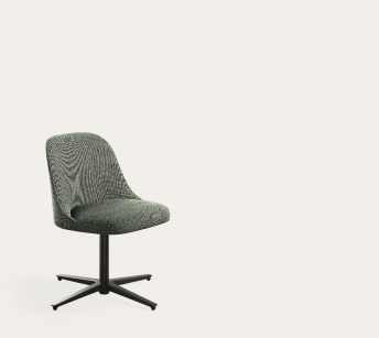 Aleta Plus chair by Jaime Hayon for Viccarbe, upholstered in textured green-grey fabric with a wide seat and a black four-star swivel base.