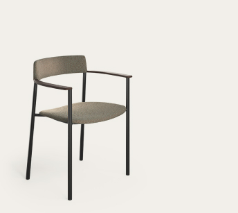 Perxa chair by Viccarbe, upholstered in taupe fabric on seat and backrest, with a slim black metal frame and dark wooden armrests.