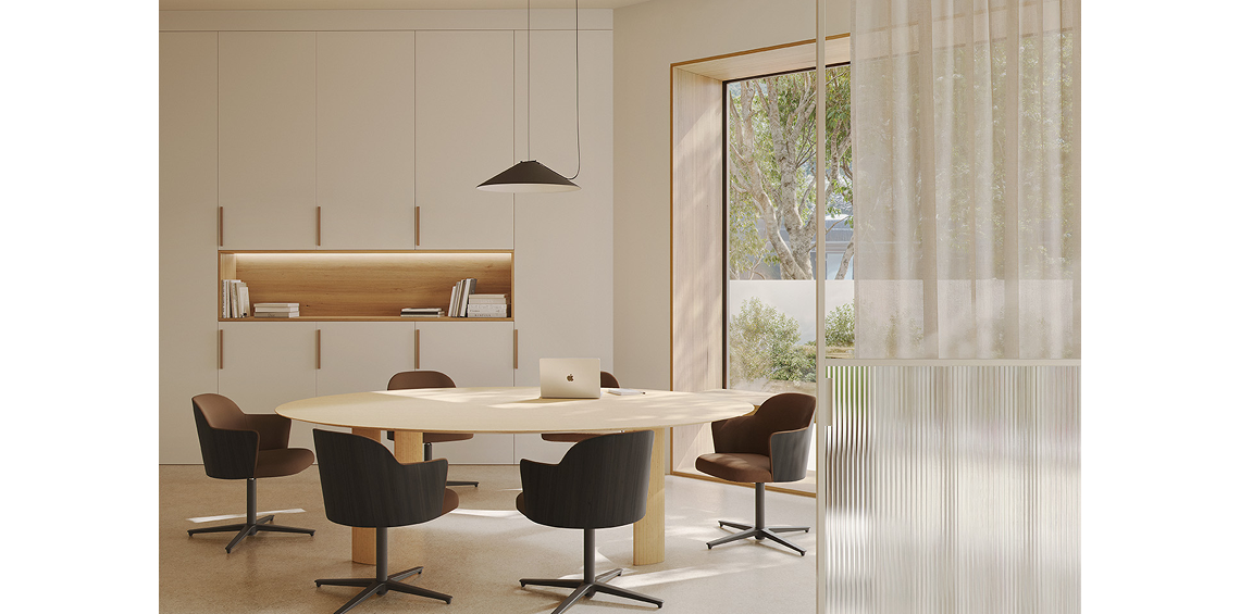 Meeting room with six Aleta Plus chairs by Jaime Hayon for Viccarbe, in brown upholstery with a dark outer back and black swivel bases, around a large oval light-wood table.