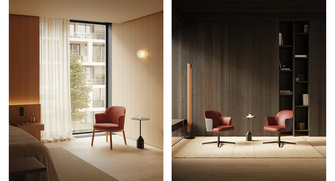 Two interiors with Aleta Mini Lounge chairs by Jaime Hayon for Viccarbe, in terracotta upholstery: with a wooden base beside a window in a light oak hotel room, and with a flat swivel base in a dark wood-panelled lounge.