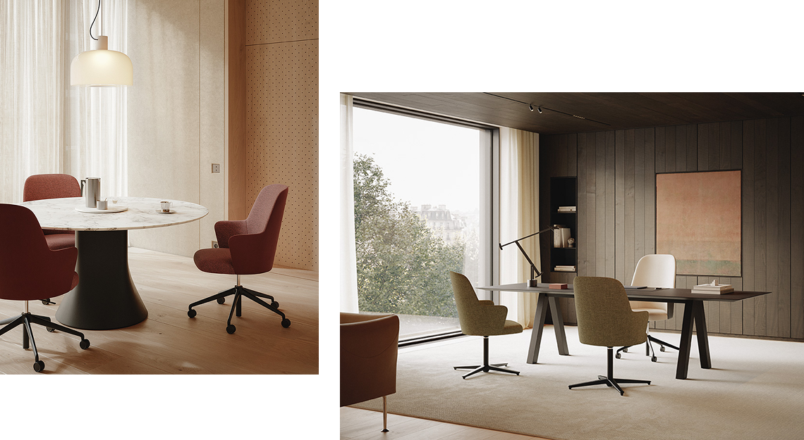 Two interiors with Aleta Executive Low chairs by Jaime Hayon for Viccarbe: terracotta chairs on castors around a round marble-top table, and olive-green chairs facing a dark executive desk by a large window