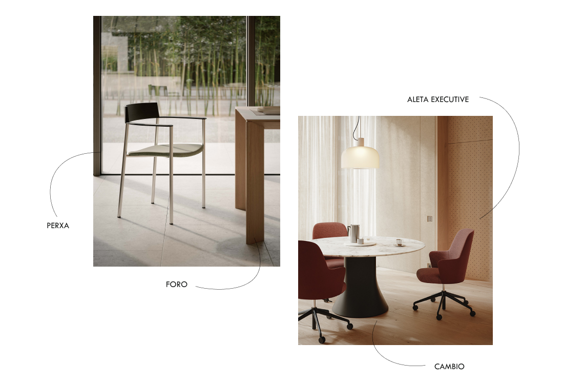 Collage of two scenes: Perxa chair beside the Foro table, and Cambio marble-top table with Aleta Executive chairs