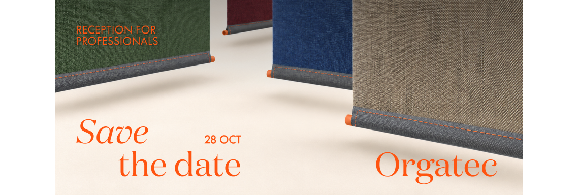 Hanging fabric panels with the text “Save the date, 28 Oct. Reception for professionals. Orgatec”