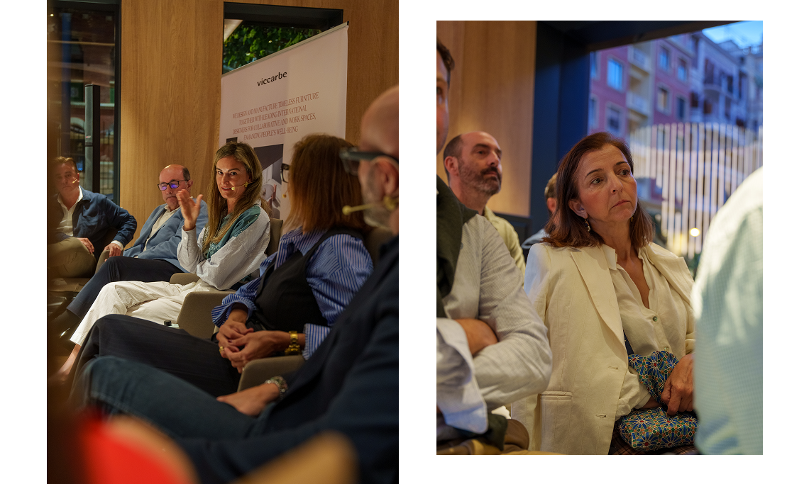 Flex Living round table: a speaker talks beside the Viccarbe banner while an attendee listens in the audience