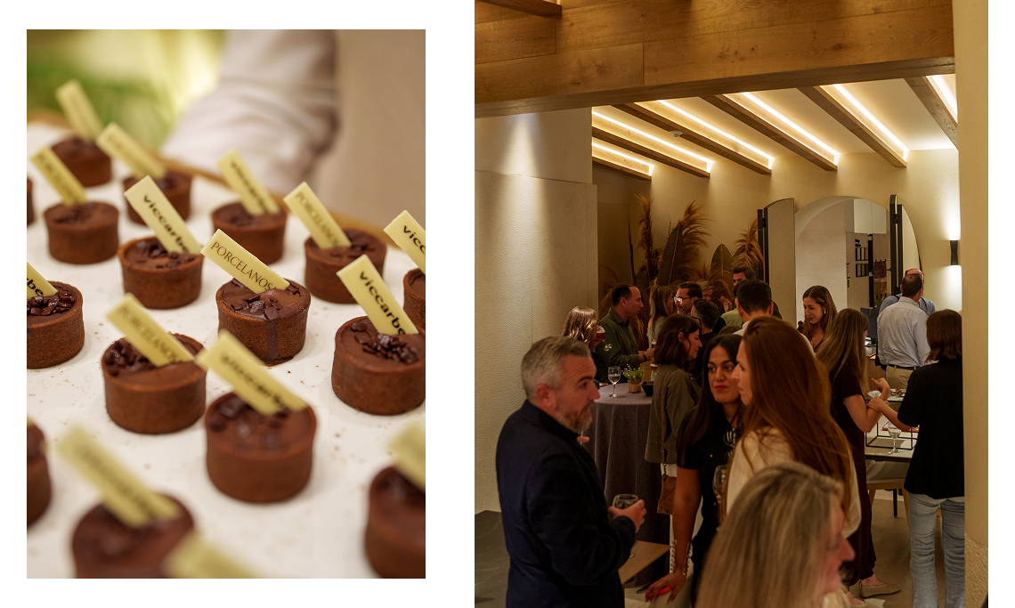 Tartlets with Viccarbe and Porcelanosa tags, and guests chatting during the networking after the Flex Living round table