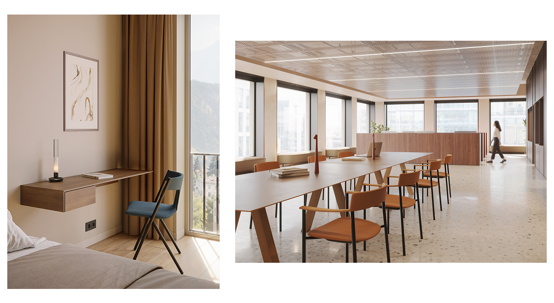 Quadra chair upholstered in blue beside a wooden desk in a bedroom, and Perxa chairs upholstered in terracotta around a long table in an office