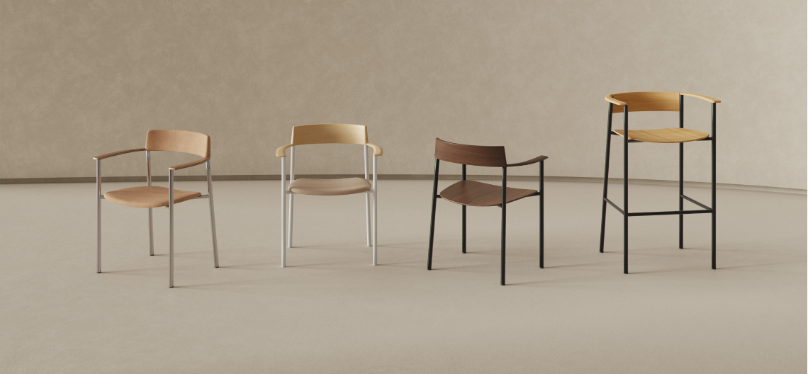 The Perxa family with three chairs in different wood and frame finishes, beside the Perxa stool with black frame and light wood