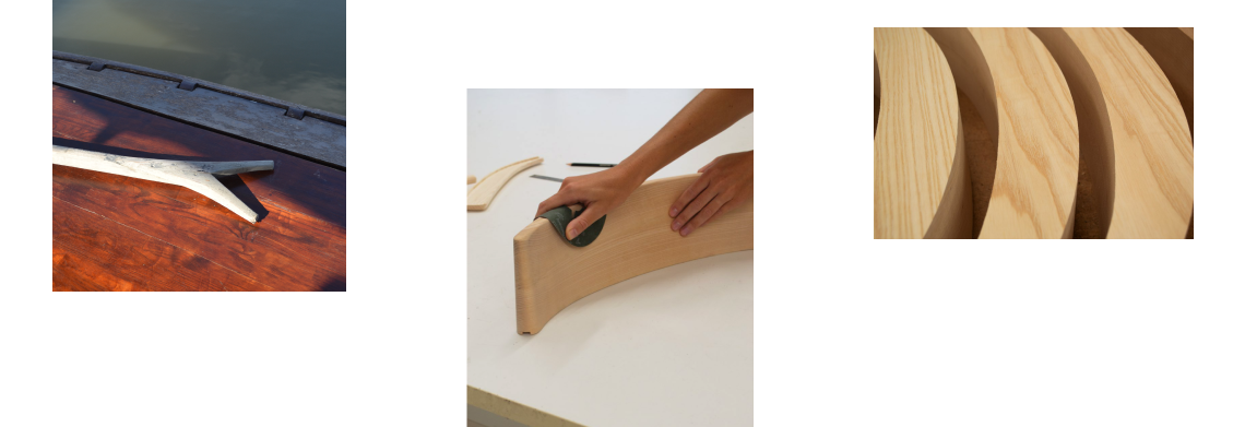 From a pole resting on a boat to the sanding of a curved wooden piece and several light wood pieces with visible grain