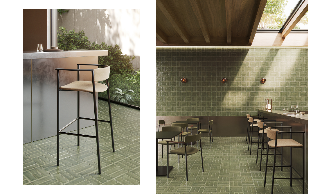 Beige upholstered Perxa stool at a metal counter by a garden, and a restaurant bar lined with Perxa stools on green ceramic tiles