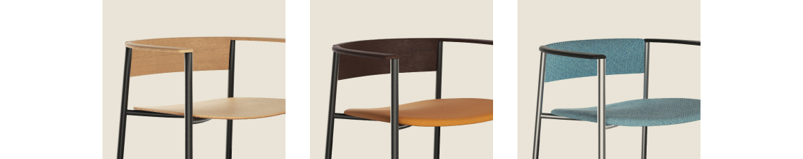 Three versions of the Perxa stool: fully in light wood, with an ochre upholstered seat, and fully upholstered in blue
