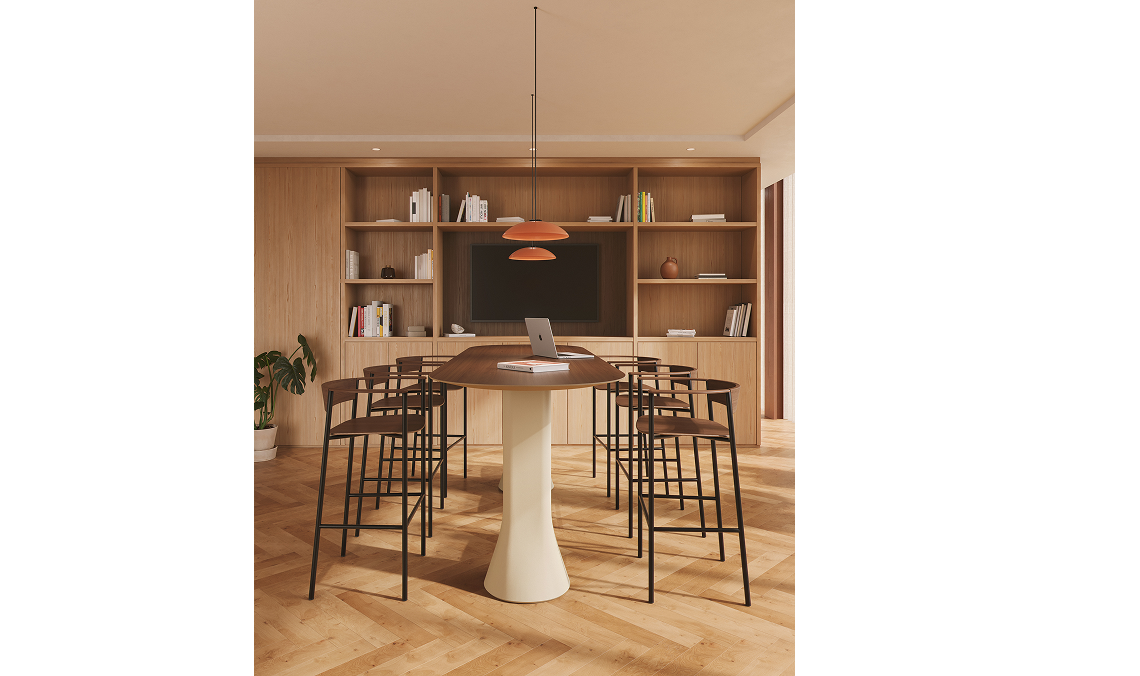 Perxa stools in dark wood and black steel around an oval high table in front of a wooden bookcase in a meeting room