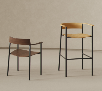 Perxa chair in dark wood beside the Perxa stool in light wood, both with black frame