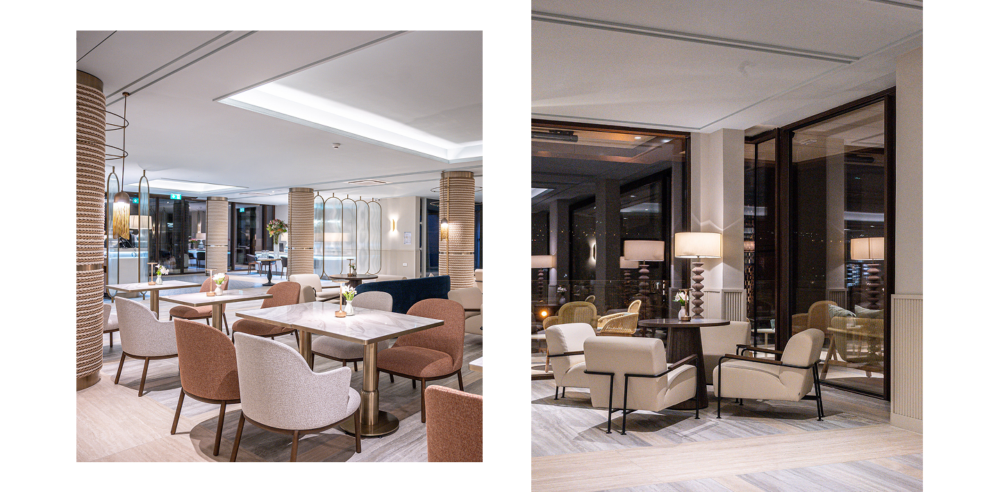 Aleta chairs around marble tables (left) and Colubi lounge chairs by a window (right) in the lobby of Amadria Park Grand Hotel, Opatija