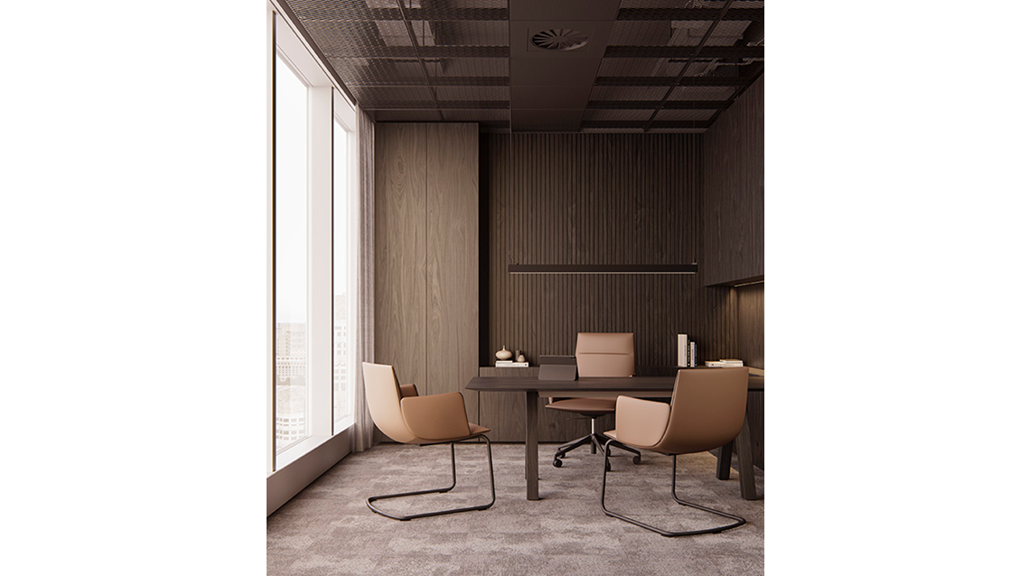 Private office with a Trestle table, two Noha chairs with cantilever bases and a Noha Executive chair on casters