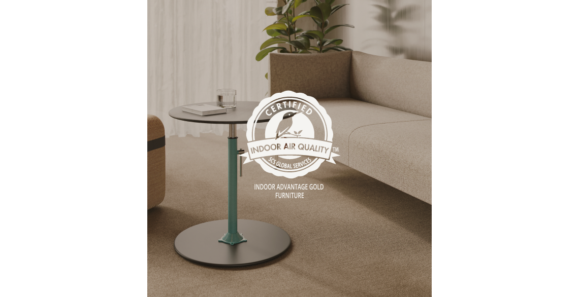 SCS Global Services Certified Indoor Air Quality seal, Indoor Advantage Gold Furniture, over a Vetona side table with a teal column beside a beige sofa